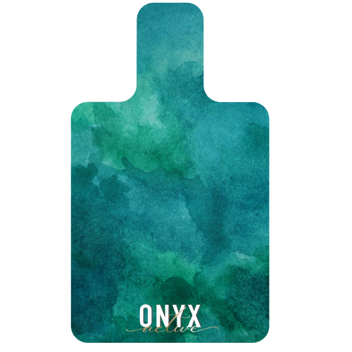 A green and blue watercolor design reformer mat with the brand 'ONYX' visible.